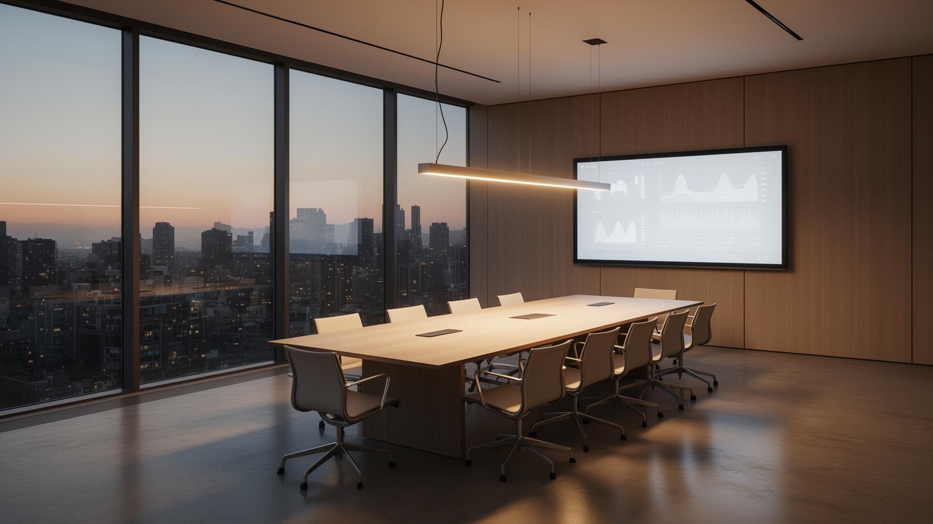 Premium modern boardroom at dusk overlooking a city skyline